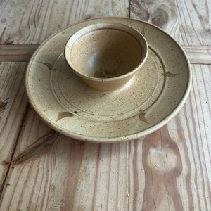 Vintage handmade Tan pottery  Stoneware Chip and Dip Set